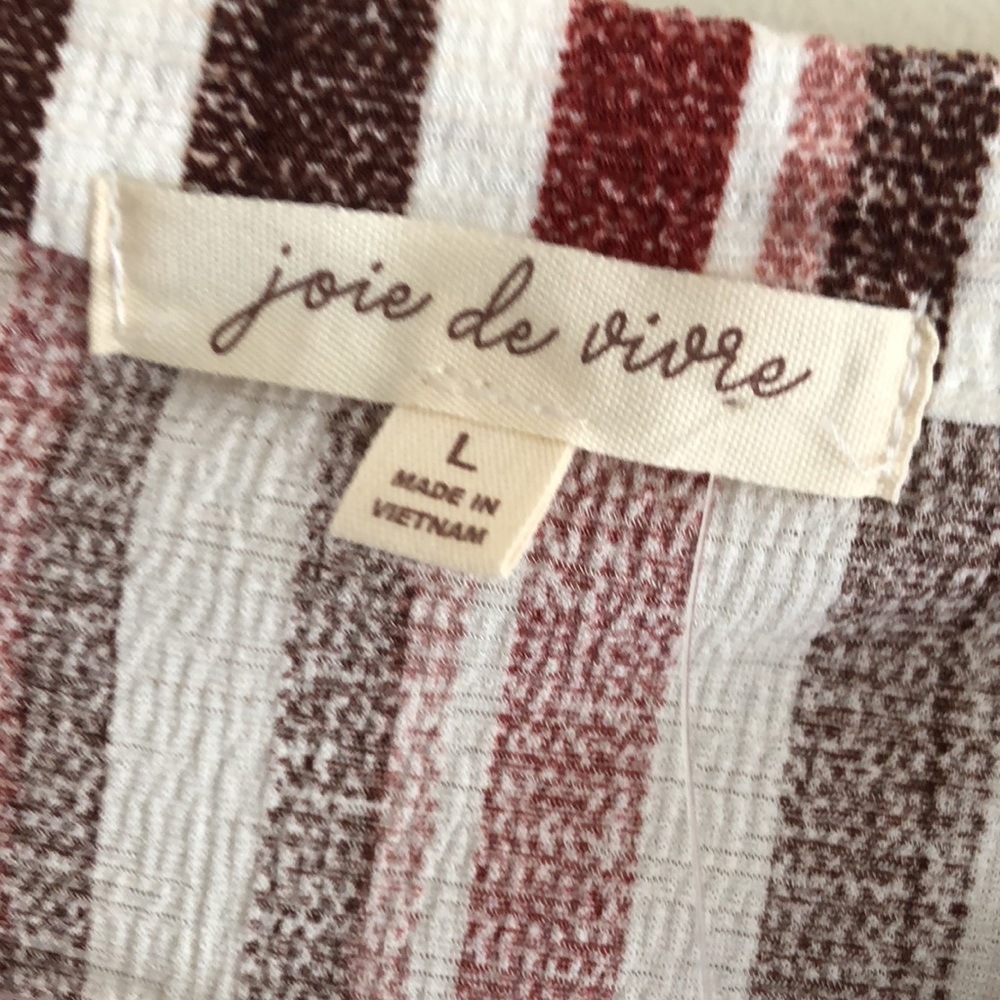 Striped Short-Sleeve V-Neck Blouse in Burgundy and White - Picture 2 of 11